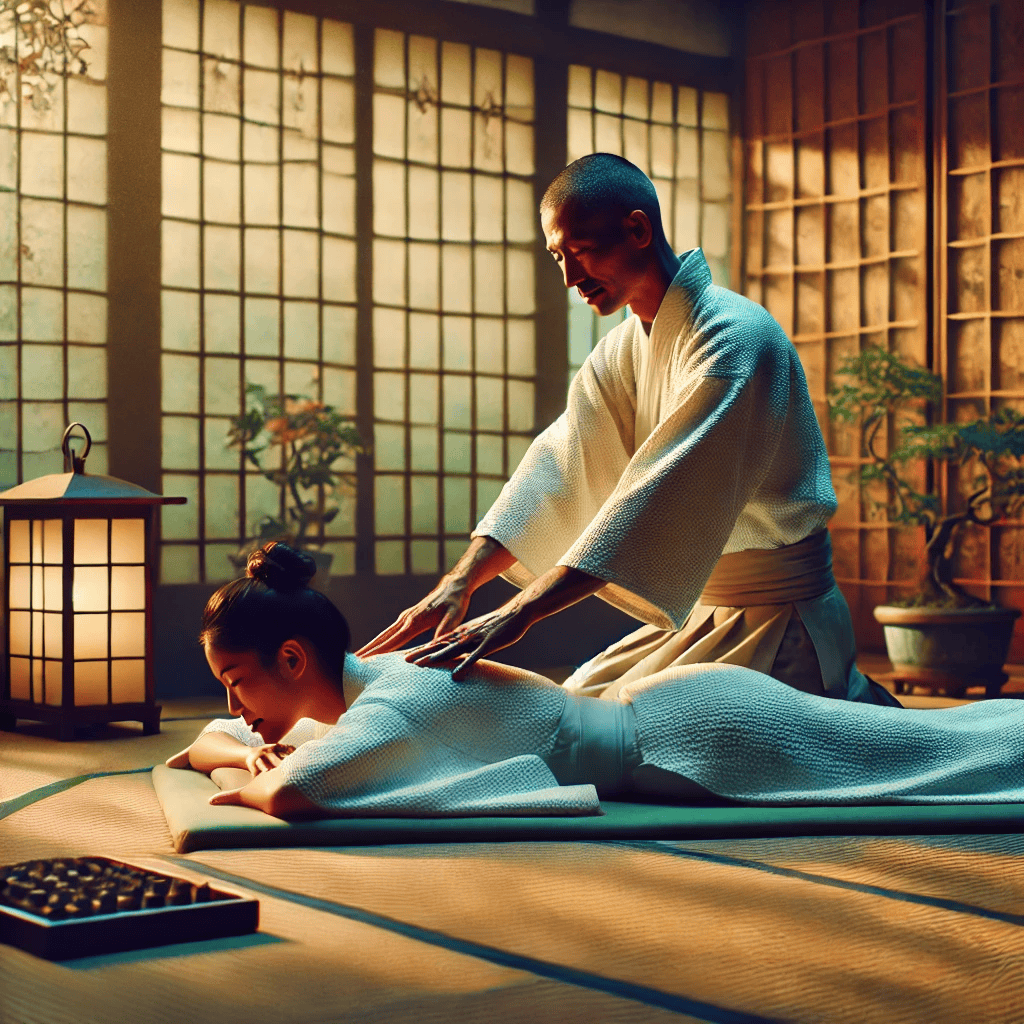 shiatsu massage zen lanterne homme âgé femme bien-être dojo bois