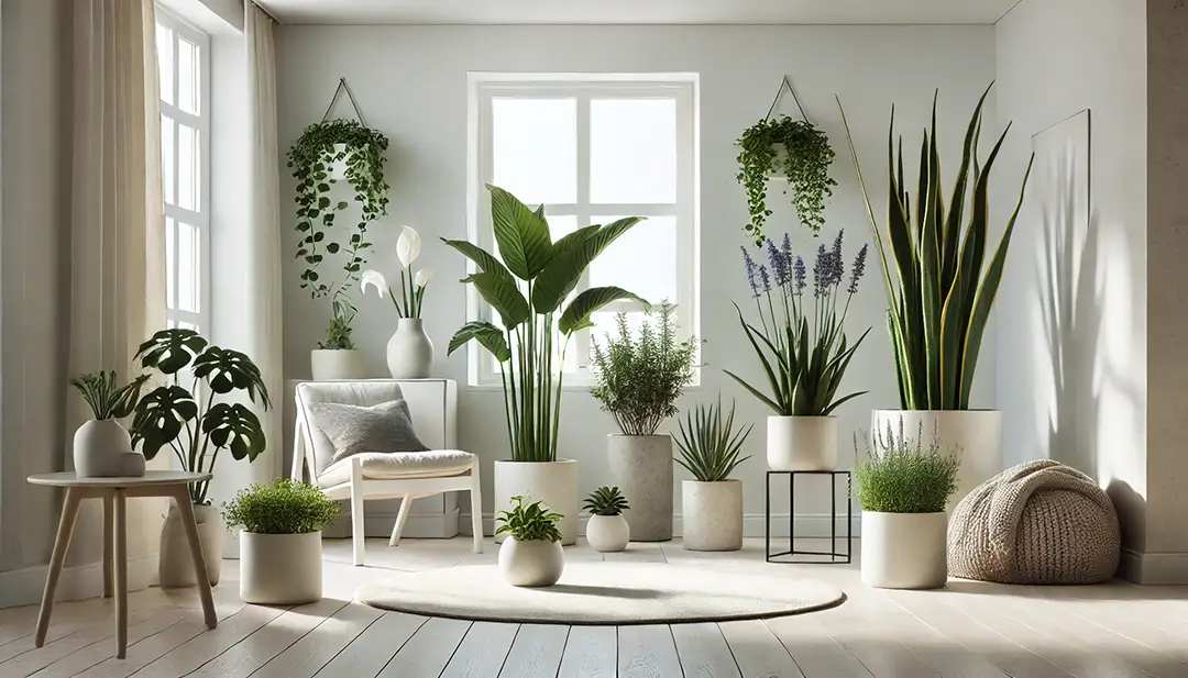 DALL·E-2025-01-14-17.00.02-A-modern-and-zen-interior-space-with-white-walls-featuring-green-plants-such-as-Spathiphyllum-peace-lily-Aloe-Vera-Ivy-Hedera-helix-Lavender- intérieur blanc plantes lavande bois zen couverture chaise tissu pouf table basse fenêtre lumière bois tapis meubles rideaux