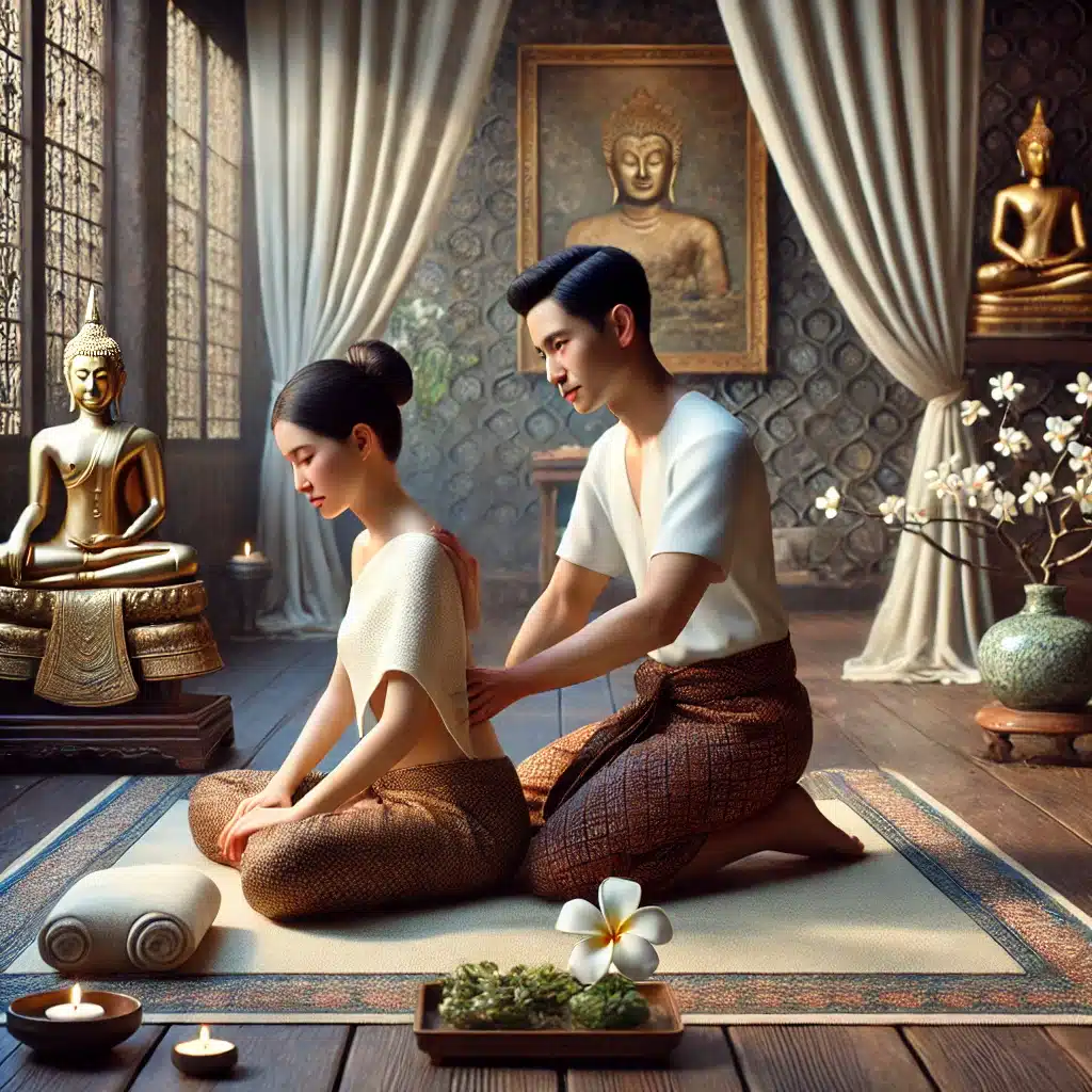 massage thai zen buddha homme femme bien-être tableau tapis linge bois fleurs plantes vase bougies