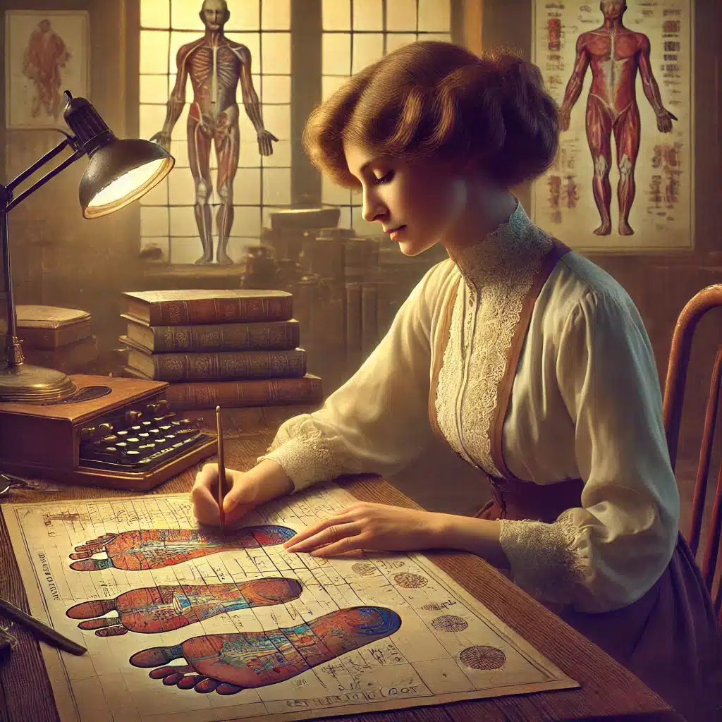 reflexologie eunice ingham pieds planche corps humain zones reflexes bureau livre etude femme lampe machine à écrire