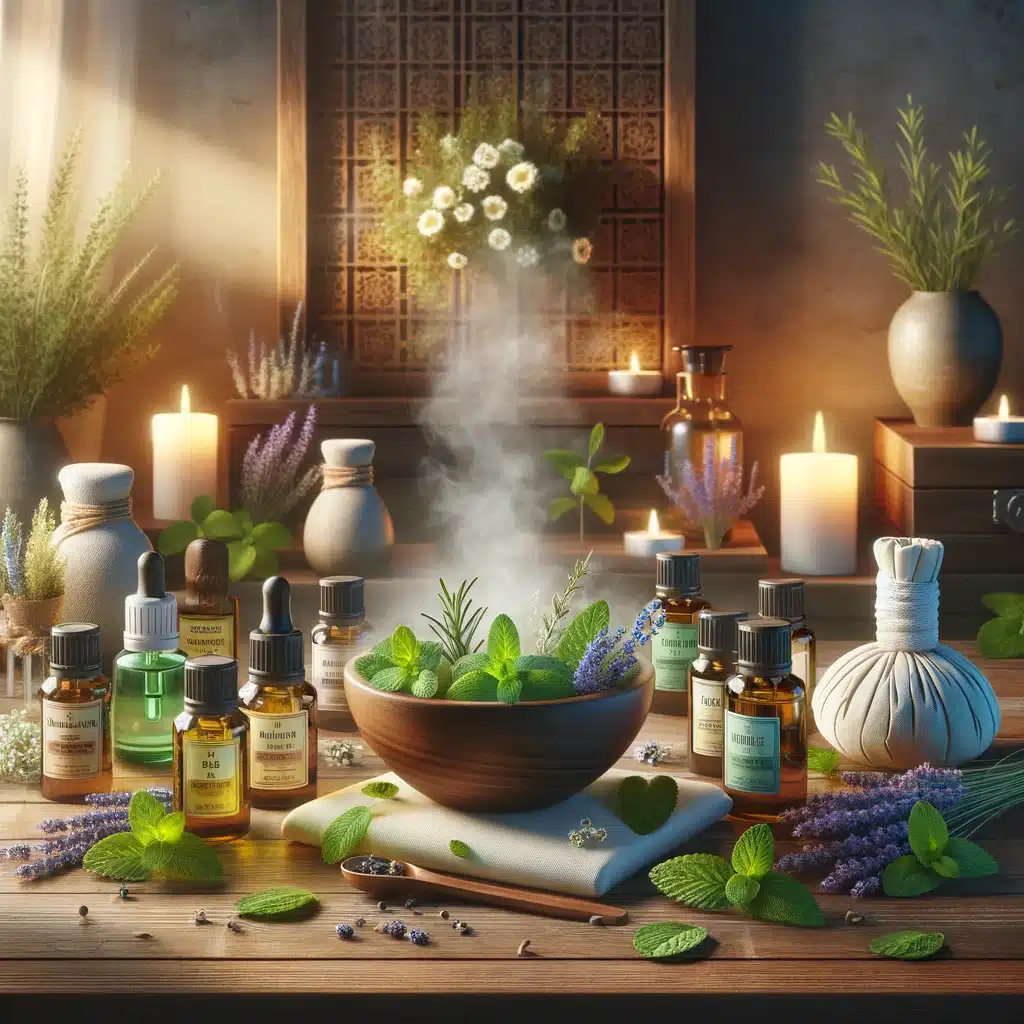 huile essentielle menthe lavande flacon bois bougies camomille plantes vapeur bol eau