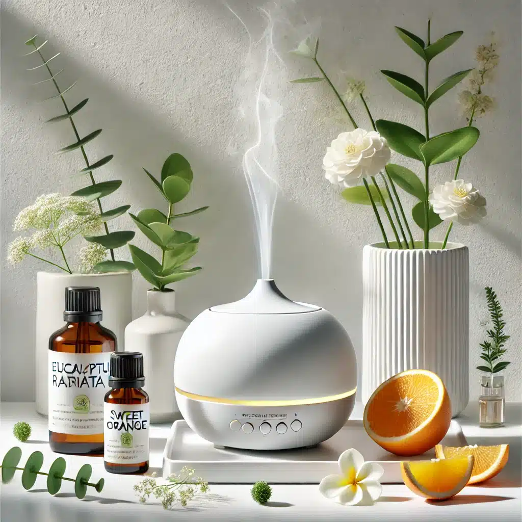 huile essentielle orange eucalyptus vases fleurs diffuseur blanc vapeur flacon