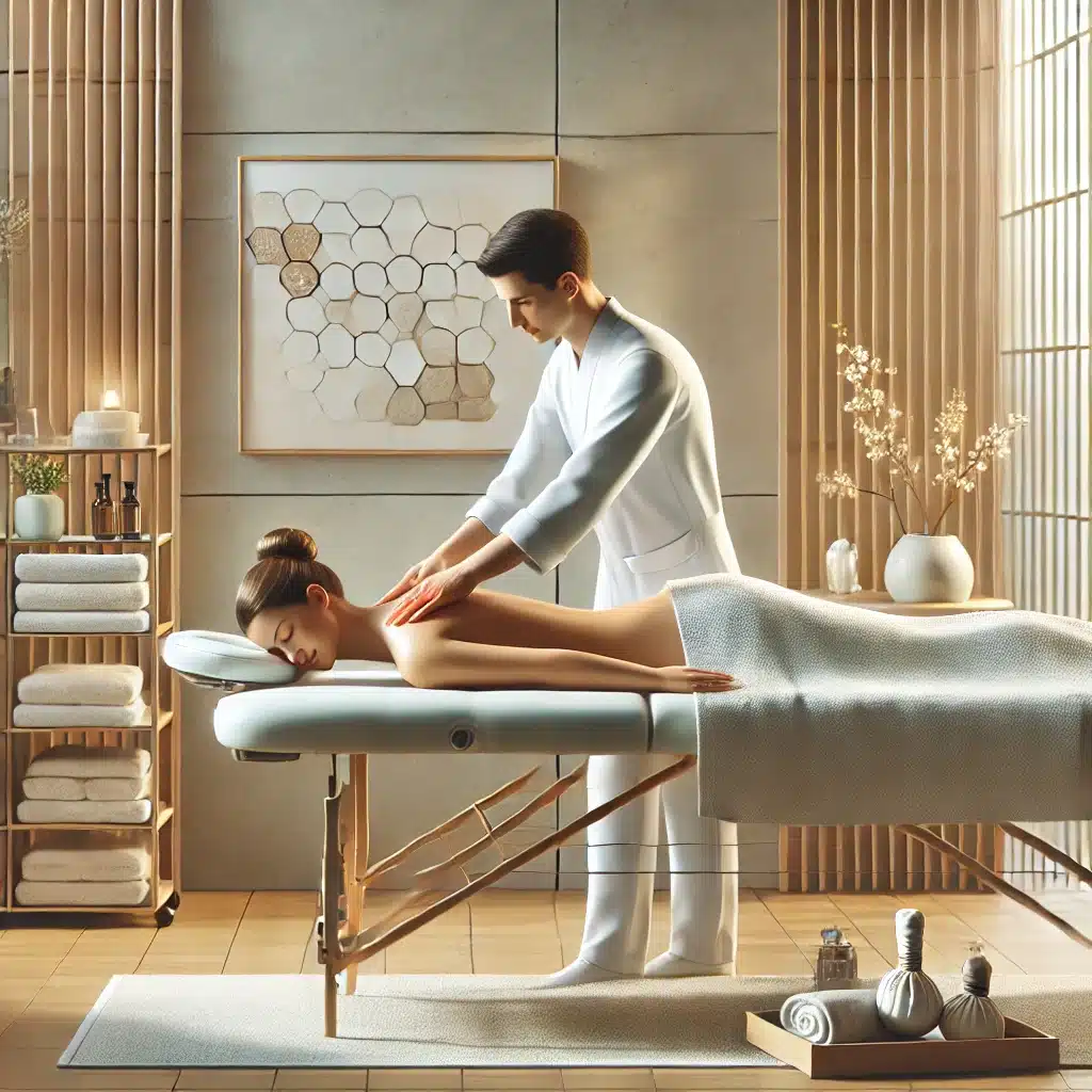 massage suédois homme femme table bois bougie fleurs