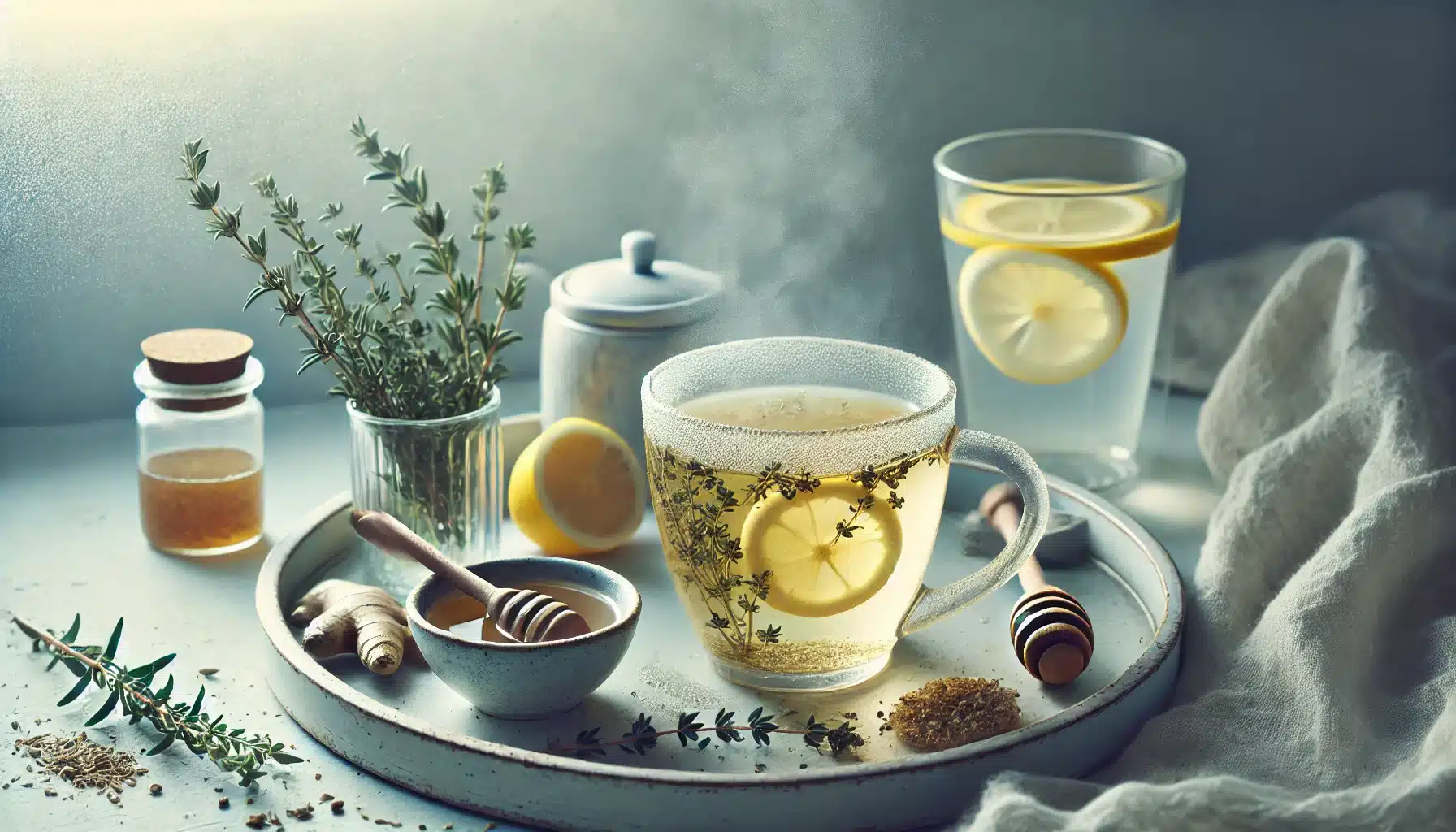 tisane citron eau plateau miel cuillère pot romarin tissu refroidissement