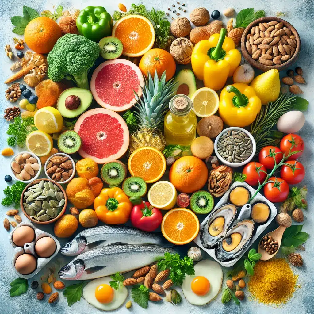 oranges oeufs pamplemousses citrons amandes graines fruits poivrons tomates ananas huitres kiwis