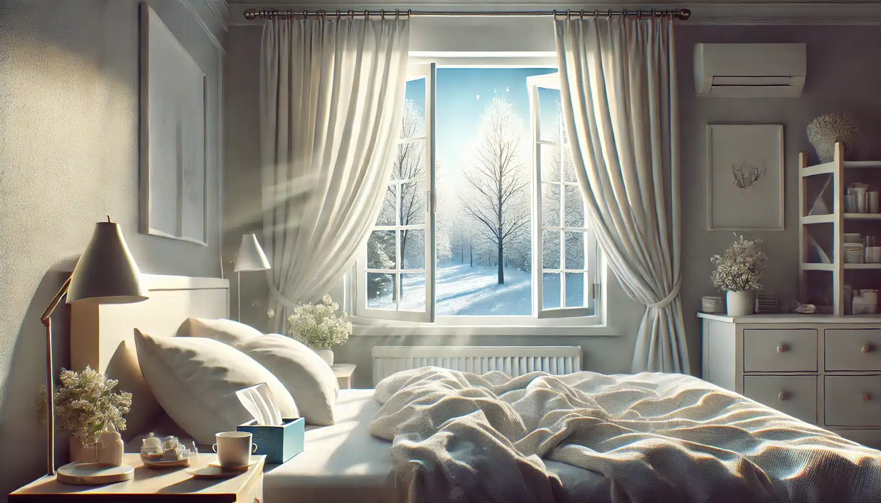 fenêtre ouverte rideau air frais lit radiateur armoire lampe mouchoirs malade refroidissement grippe soleil arbre