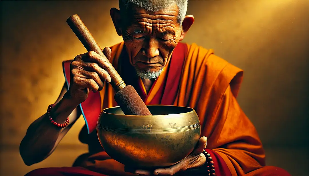 DALL·E-2025-02-05-16.46.48-An-ultra-realistic-horizontal-close-up-of-a-Tibetan-monk-in-traditional-orange-and-red-robes-carefully-playing-a-large-singing-bowl-with-a-wooden-mal bain sonore homme bol moine tibetain doré
