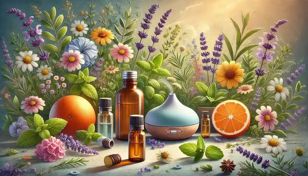 IMG_6063 huiles essentielles diffuseur oranges bouteilles fleurs vert lavande