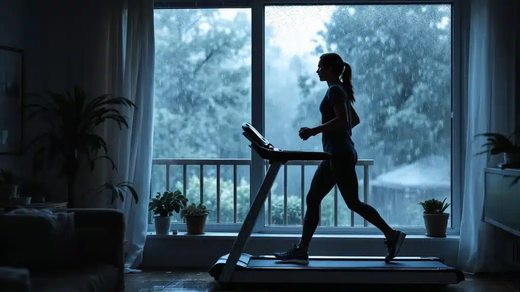 marche afghane tapis de course treadmill femme sport intérieur pluie plantes fenêtre