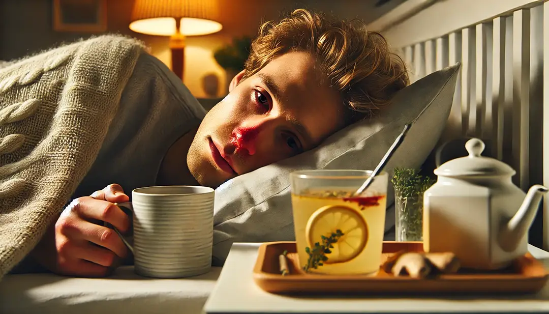 DALL·E-2025-01-28-21.12.54-A-close-up-scene-of-a-sick-person-lying-in-bed-with-pale-skin-a-red-and-runny-nose-tired-and-watery-eyes-and-an-overall-exhausted-expression.-Besi homme malade lit nez rouge tisane citron cuillère romarin tasse plateau main coussin lampe bois plateau couverture théière gingembre alimentation