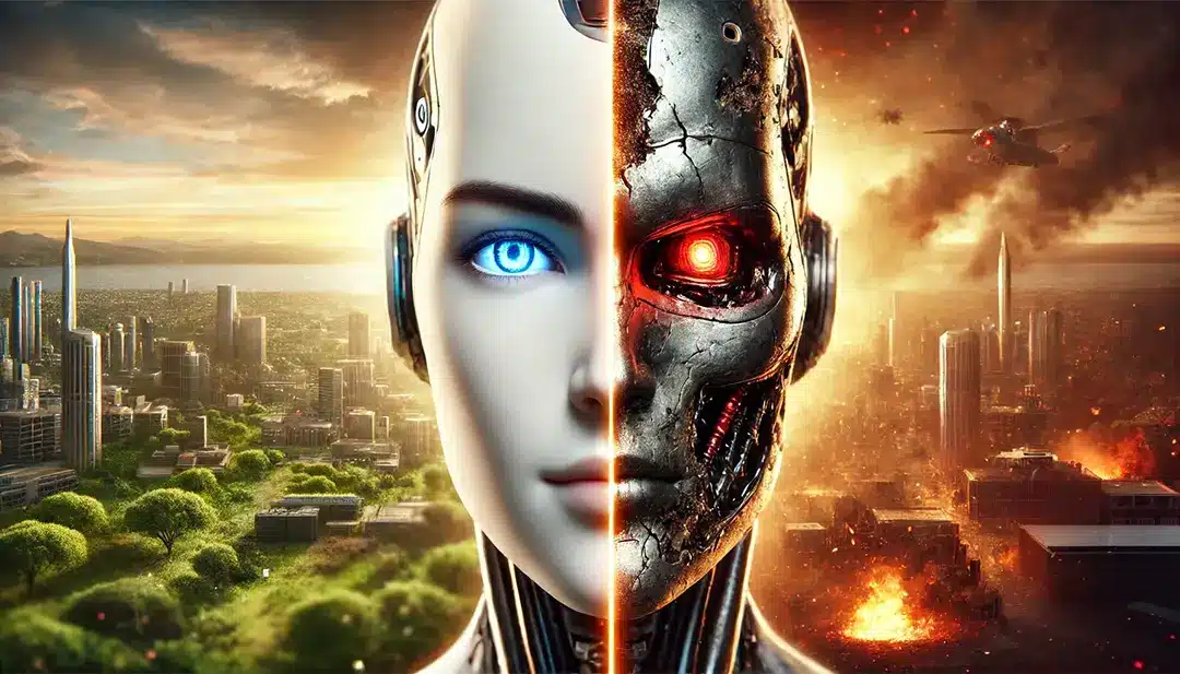 DALL·E-2025-02-05-18.06.37-An-ultra-realistic-horizontal-close-up-illustration-of-two-contrasting-AI-robots.-On-the-left-a-sleek-and-futuristic-humanoid-robot-with-a-smooth-wh