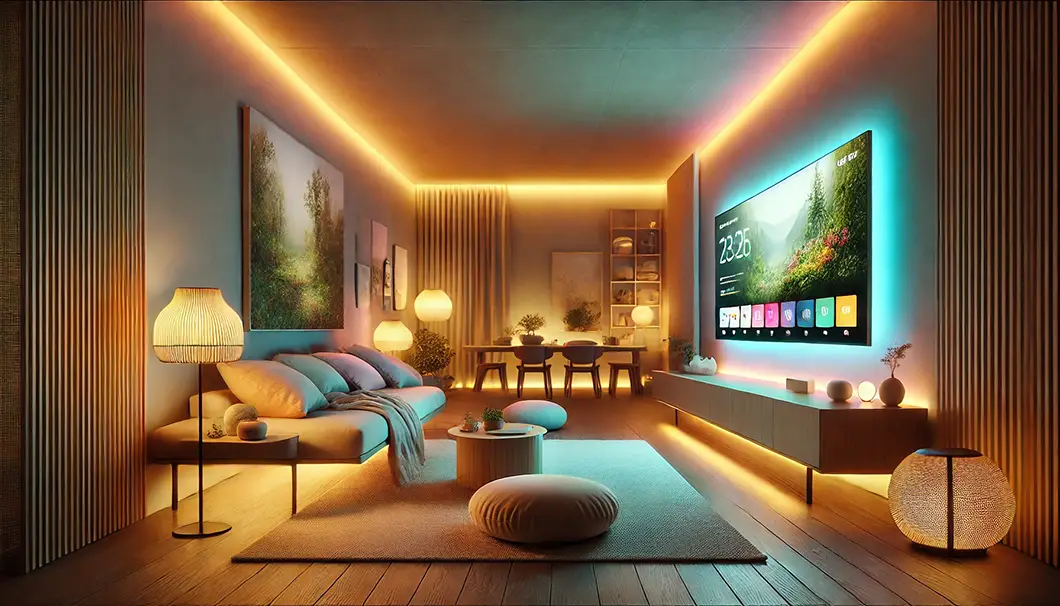 philips hue salon ambilight canapé télévision tapis chaises bois pouf lampe lumières
