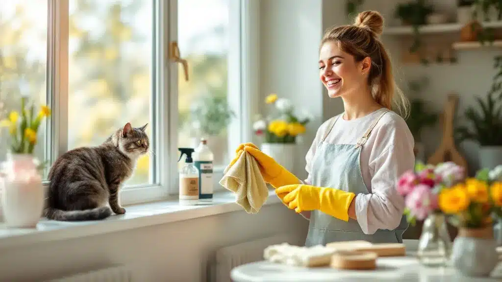 IMG_6452 nettoyage de printemps gants jaunes fenêtre fleurs chat