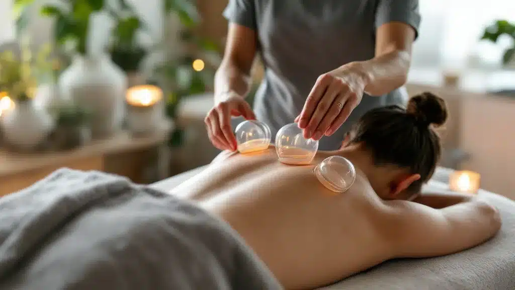 pose de ventouses femme thérapeute plantes vertes bougies